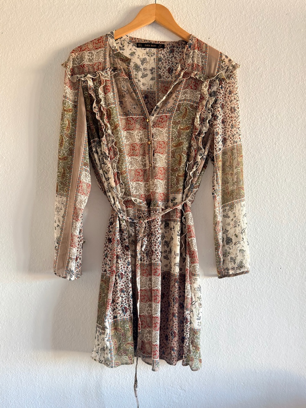 Zara Multicolor Patchwork Ruffle Long-Sleeve Dress
